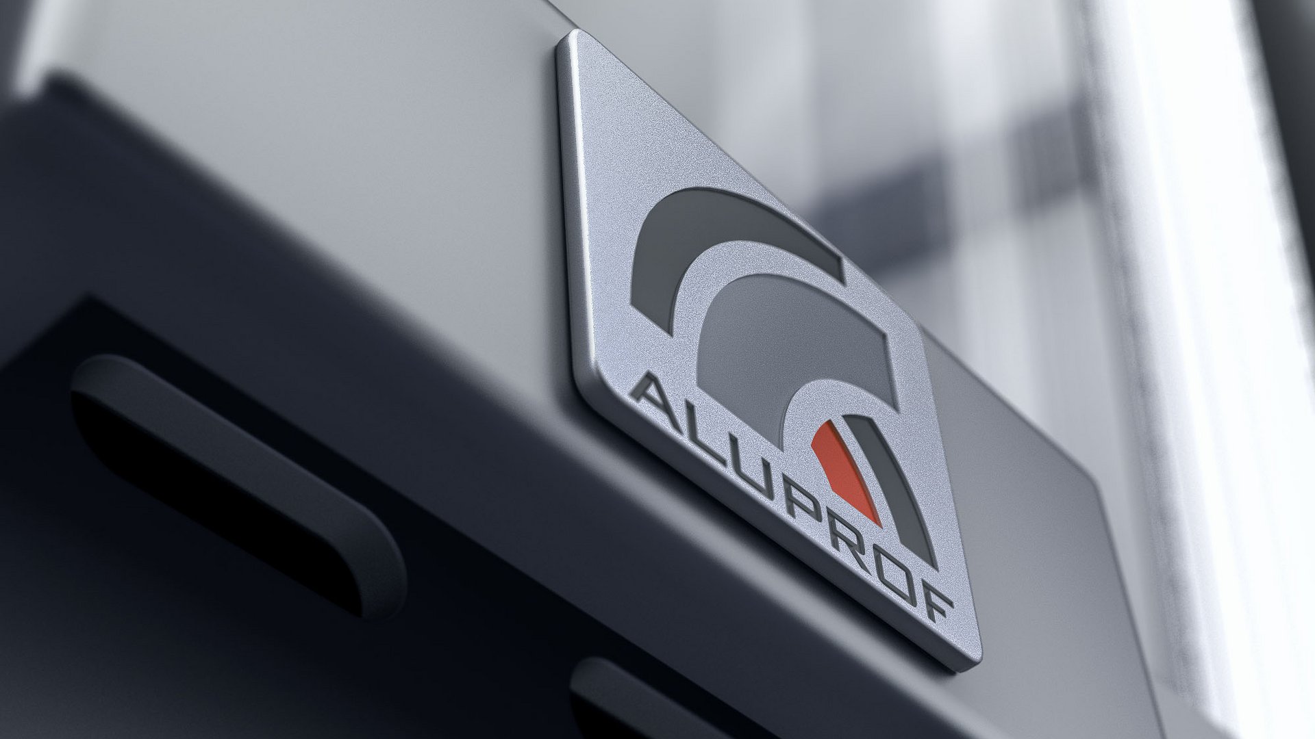3D Visualization of a close-up view of the Aluprof logo on a modern aluminum window profile.