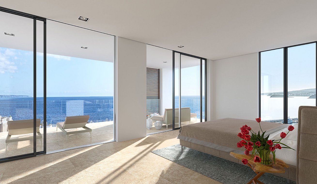 3D-Rendering exklusives Schlafzimmer in Portals Nous Mallorca mit Panoramafenstern und direktem Meerblick.