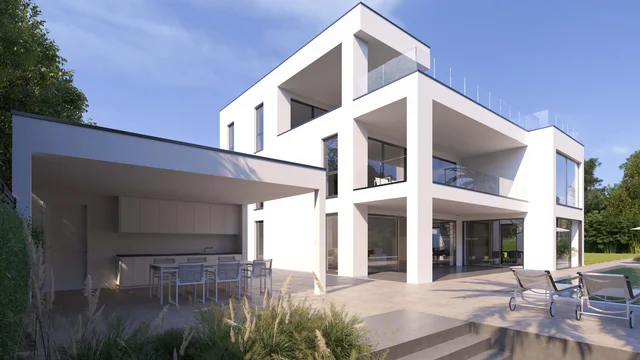 Αρχιτεκτονικός φωτορεαλισμός σύγχρονης βίλας στη Φρανκφούρτη με καθαρές γραμμές, μεγάλες υαλοπροσωπίες, ταράτσα και πισίνα με σκεπαστό εξωτερικό χώρο φαγητού.
