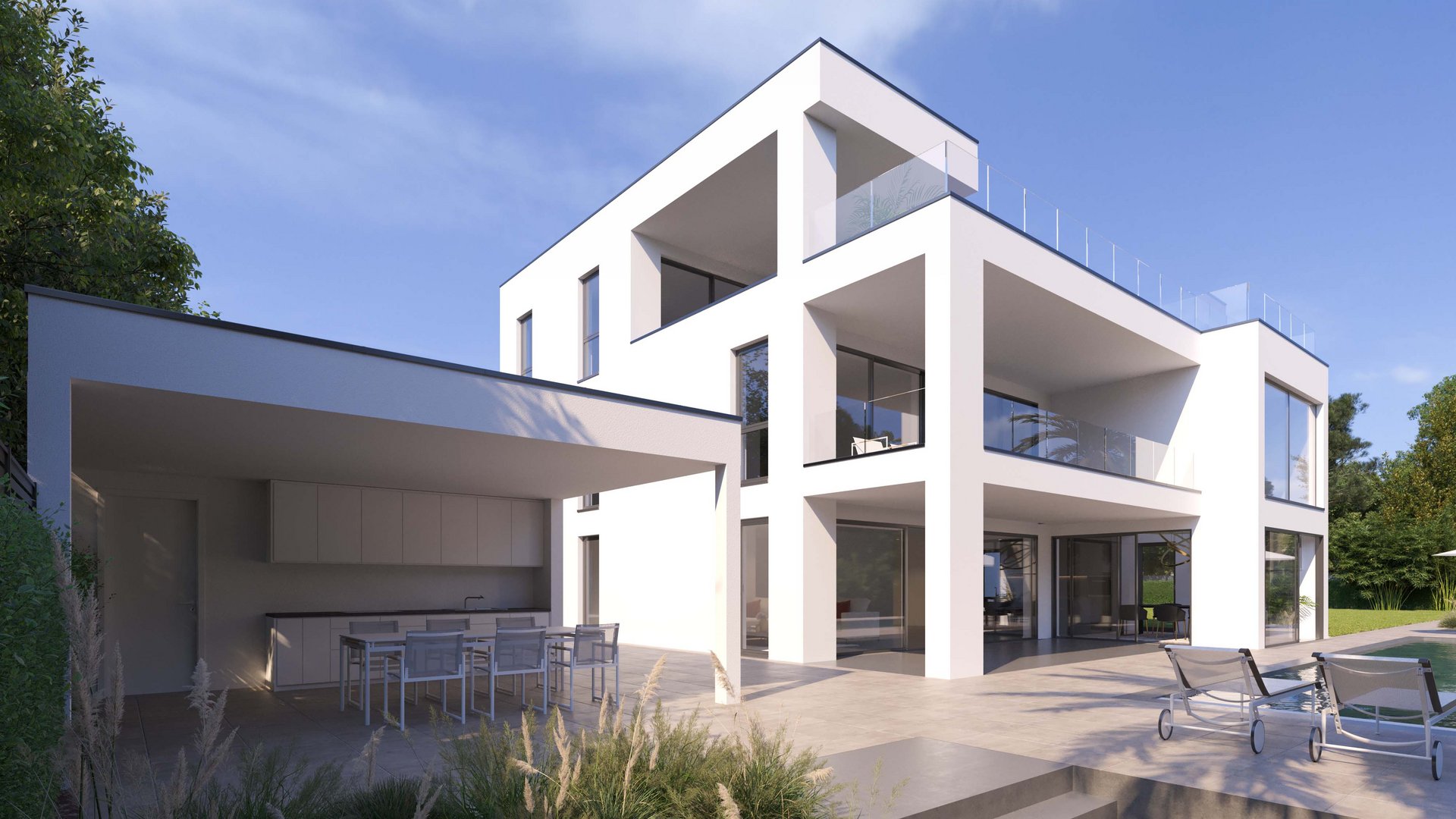 Architekturvisualisierung einer modernen Villa in Frankfurt mit klaren Linien, großen Glasfronten, Dachterrasse und Pool mit überdachter Außenterrasse.