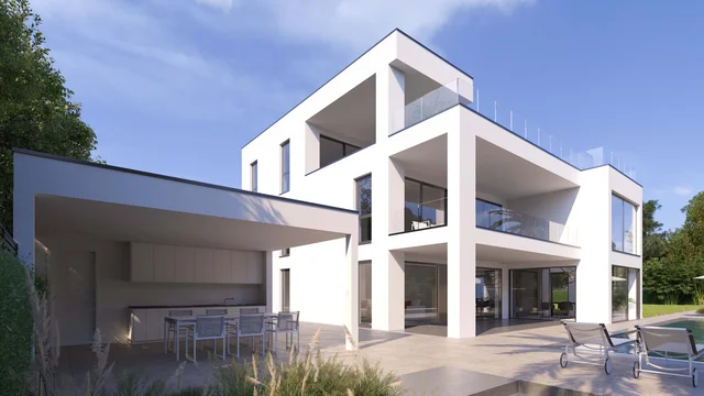 Architectural Visualization of a modern villa in Frankfurt featuring clean lines, large glass facades, a rooftop terrace, and pool with a covered outdoor dining area.