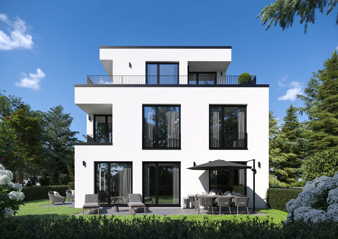 Αρχιτεκτονικός φωτορεαλισμός ενός σύγχρονου σπιτιού στο Μόναχο-Pasing την ημέρα, με μίνιμαλ σχεδιασμό, λευκή πρόσοψη, μαύρα κουφώματα και ευρύχωρο κήπο.