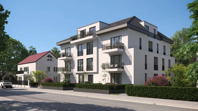 3D Visualization of a contemporary apartment building in Offenbach with clean lines, white façade, and balconies highlighted by large glass windows.
