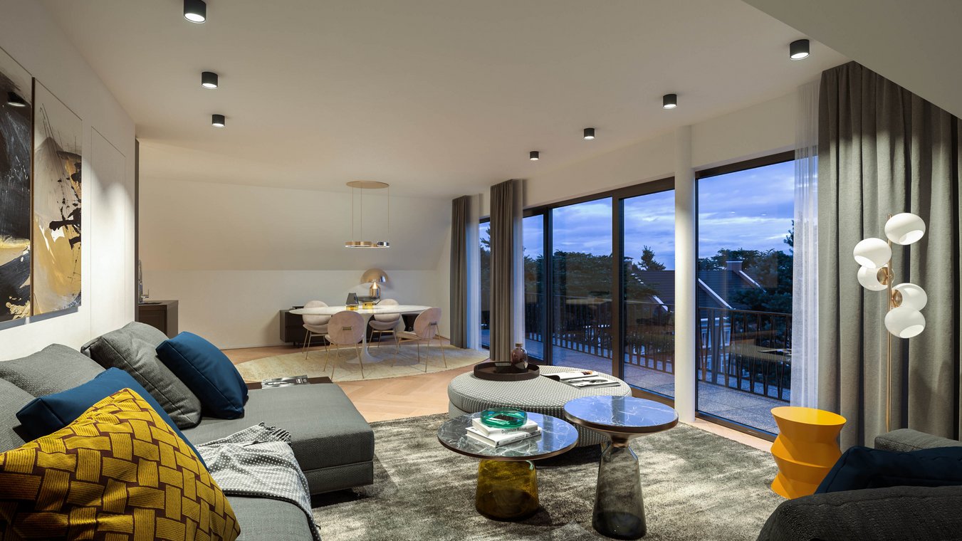 3D architectural visualization by gmsvision of a modern living room with large panoramic windows, stylish furniture, and a sunset view.