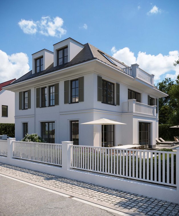 3D απεικόνιση μιας σύγχρονης αστικής βίλας με λευκή πρόσοψη, μεγάλα παράθυρα και περιμετρική περίφραξη στο Βερολίνο.