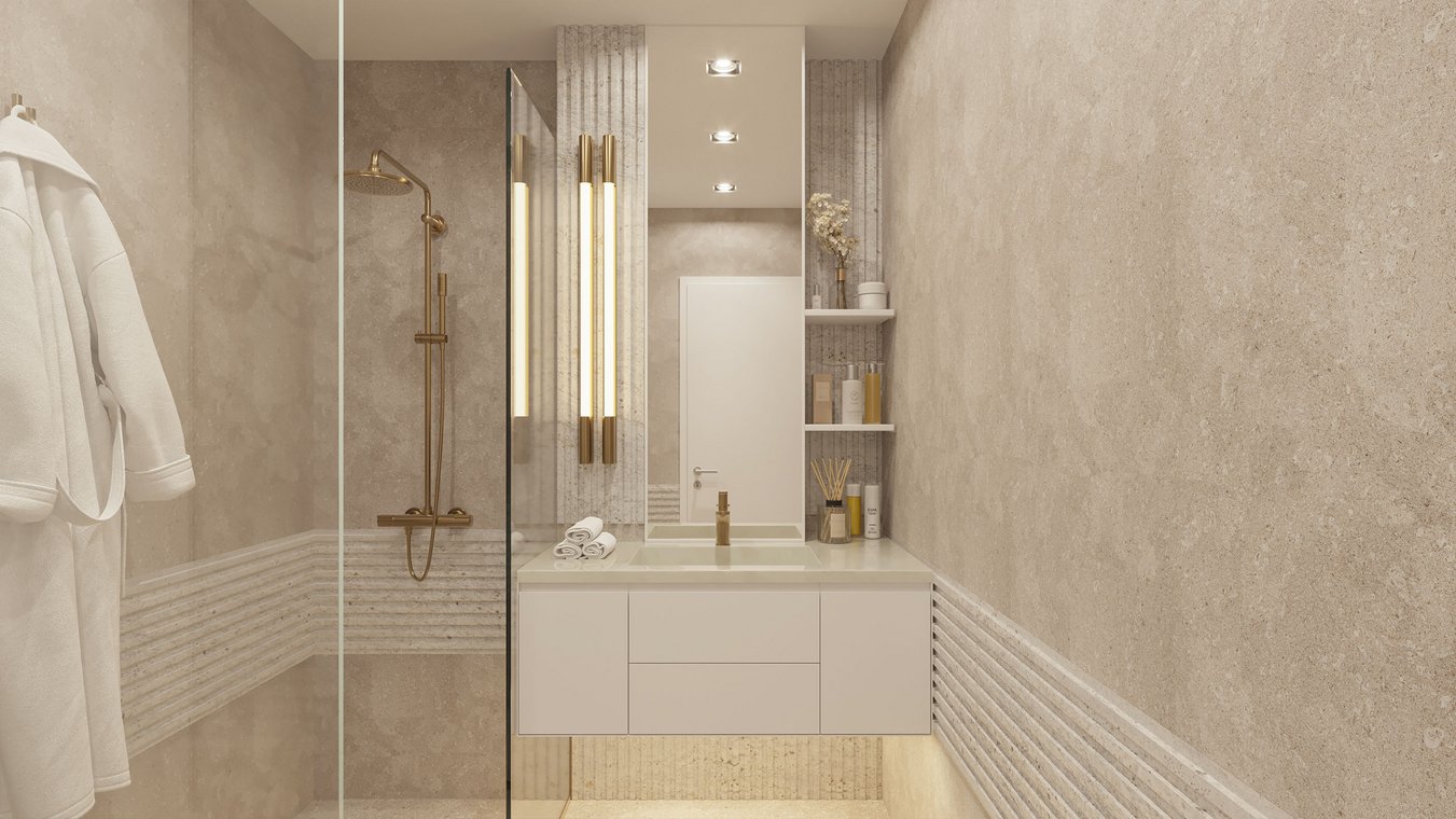 Architectural visualization of a luxury hotel bathroom with a modern shower, golden fixtures, large mirror, and elegantly illuminated vanity.