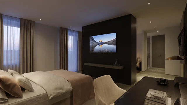 Architekturvisualisierung eines eleganten Hotelzimmers im Parkhotel Beau Site Zermatt, mit modernem Bett, sanften Vorhängen und stilvollem Arbeitsplatz.