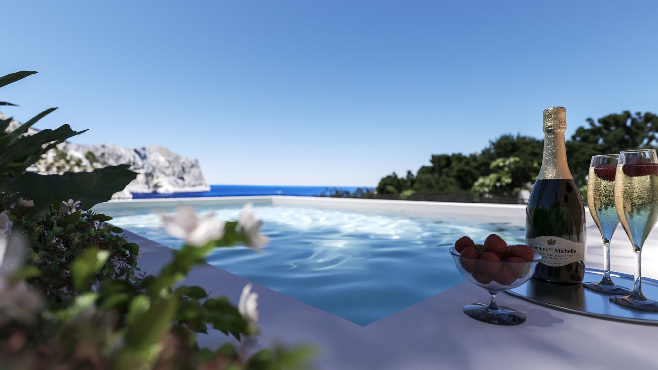 Stimmungsvolle 3d visualisierung des Projekts Blue Elements: Infinity-Pool mit Blick auf das Meer, frische Erdbeeren und Champagnergläser für luxuriöse Entspannung.