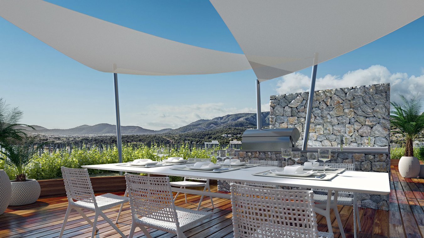 3D-Rendering moderne Terrasse in Portals Nous Mallorca mit Outdoor-Dining, Natursteinwand, Sonnensegel und Bergblick.