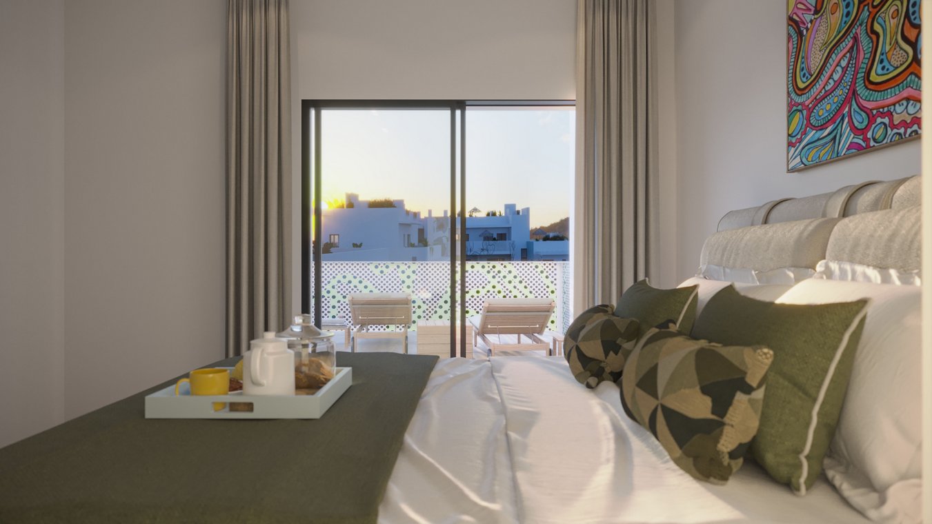 3d visualisierung eines schlafzimmers in der CREO Ibiza anlage, mit großem bett, grünen kissen, tablett mit frühstück und blick auf balkon mit liegestühlen bei sonnenuntergang