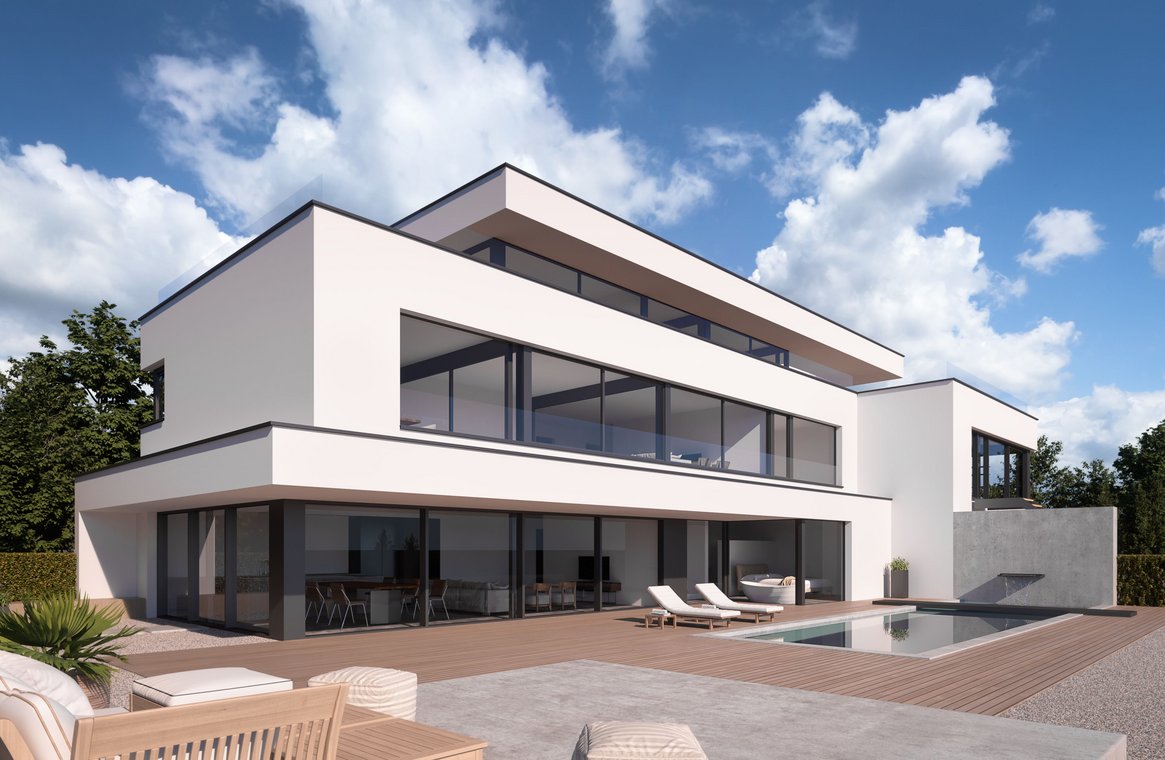 Ημερήσια 3D απεικόνιση μιας πολυτελούς βίλας με πισίνα στη Βιέννη με ξύλινη βεράντα, ξαπλώστρες και μινιμαλιστικό αρχιτεκτονικό σχεδιασμό.