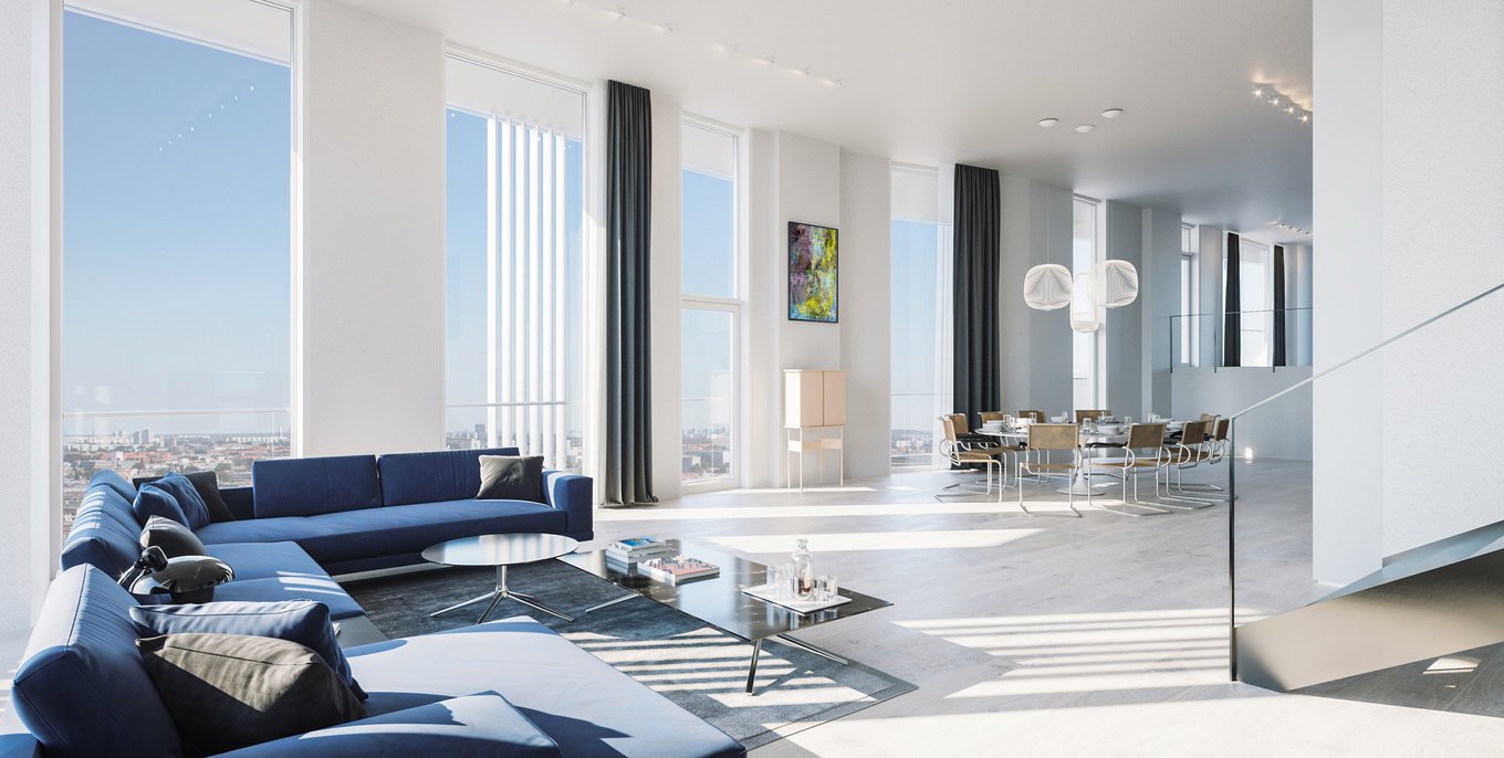 Luxuriöses Penthouse im The Molecules Berlin mit bodentiefen Fenstern, blauen Designer-Sofas, modernem Essbereich und weitem Blick über die Stadt, beeindruckende 3d visualisierung von gmsvision