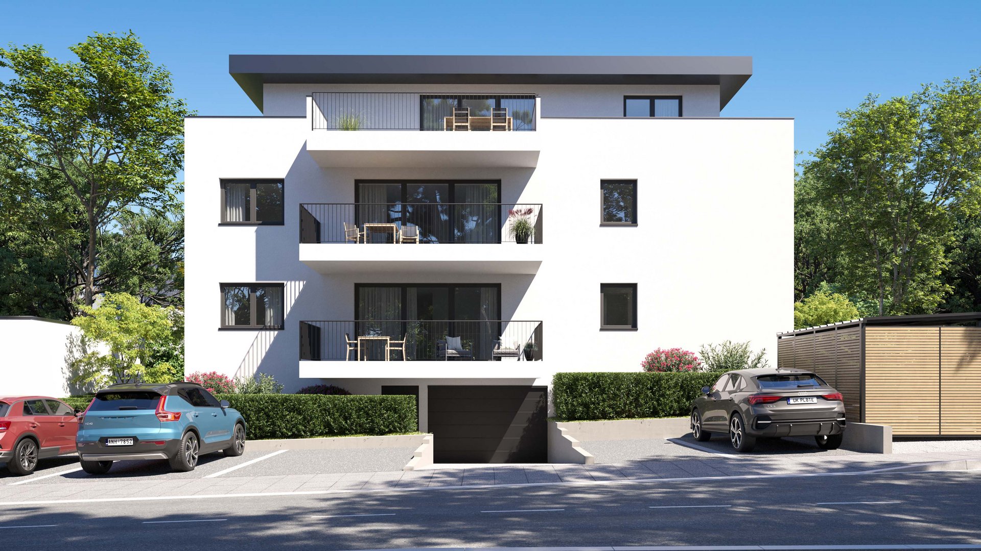 Neubau-Mehrfamilienhaus mit Balkonen, geparkten Autos und Garageneinfahrt, fotorealistische 3d visualisierung von gmsvision