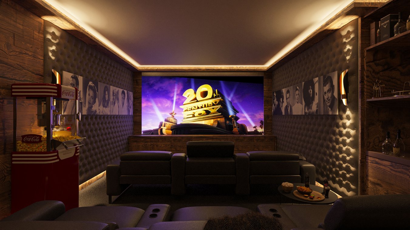 3d visualisierung eines privaten Heimkinos in Kitzbühel mit Kinosesseln, Popcornmaschine und großformatiger Leinwand, entworfen von gmsvision.