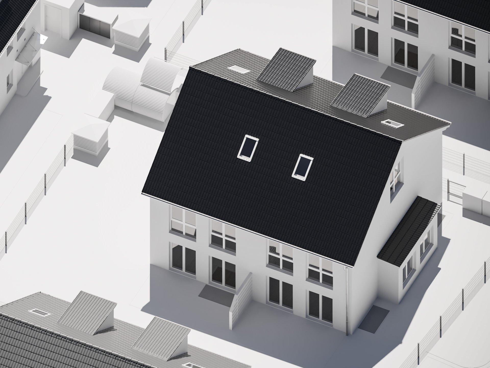 3D-Visualisierung eines Wohngebäudes mit dunklem Satteldach, erstellt zur Darstellung der präzisen Umsetzung einer 2D-Planung in eine 3D-Geometrie. Das Modell zeigt mehrere Einfamilienhäuser mit klarer, realitätsnaher Struktur und Belichtung.