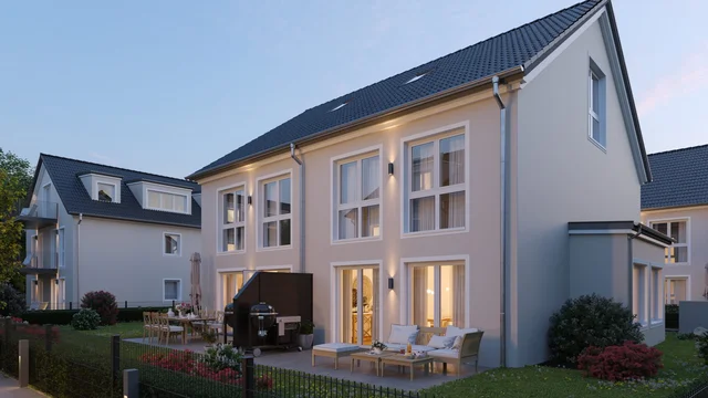3D architekturvisualisierung einer modernen Doppelhaushälfte bei Sonnenuntergang, mit gemütlich beleuchteter Terrasse, Gartenmöbeln und Grill, erstellt von gmsvision.