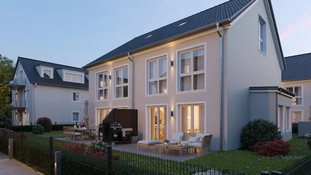 3D Αρχιτεκτονικός φωτορεαλισμός σύγχρονης διπλοκατοικίας στο ηλιοβασίλεμα, με φωτισμένη βεράντα, έπιπλα κήπου και μπάρμπεκιου, από gmsvision.