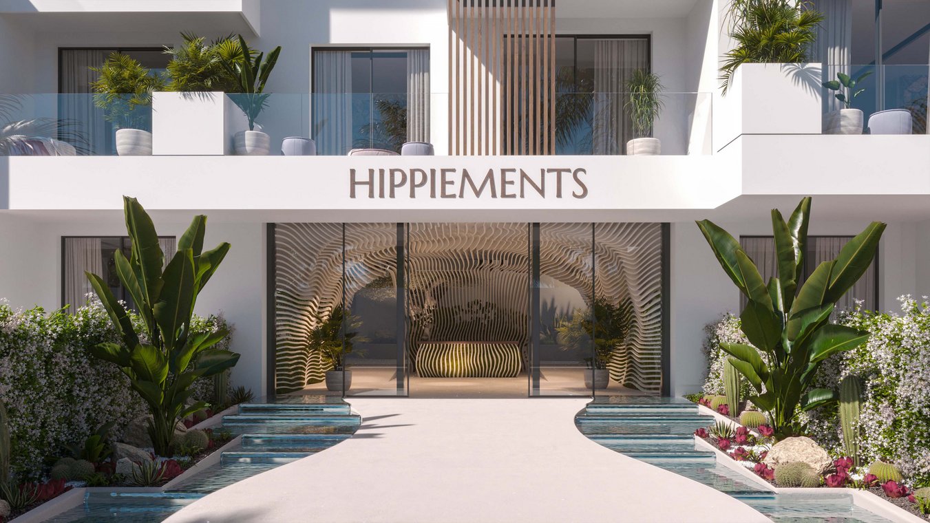 Entrance area with HIPPIEMENTS sign, water features, and tropical plants, elegant 3D Visualization by gmsvision