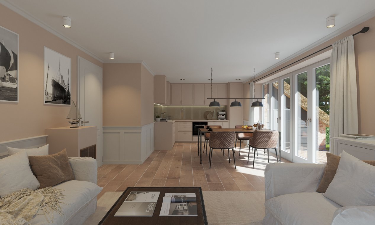 Architekturvisualisierung eines gemütlichen Wohnzimmers mit offener Küche, Holzboden und eleganten Pendelleuchten.