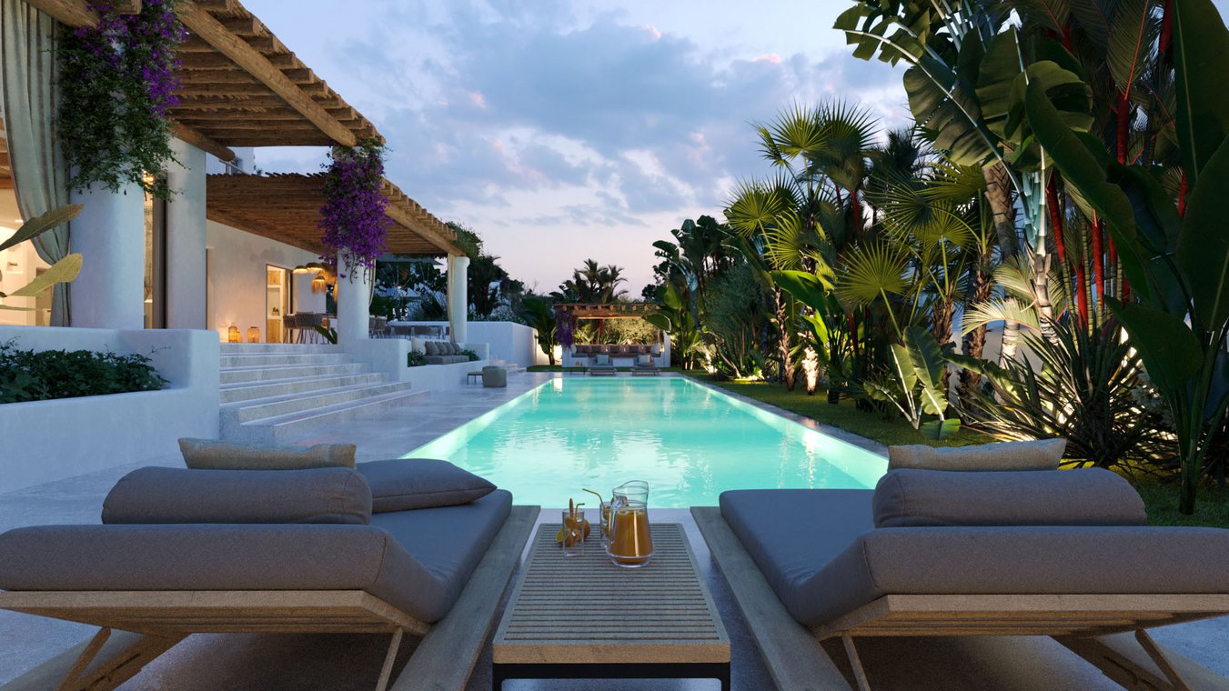 Architekturvisualisierung einer luxuriösen Villa in Ibiza mit beleuchtetem Pool bei Sonnenuntergang und tropischem Garten.