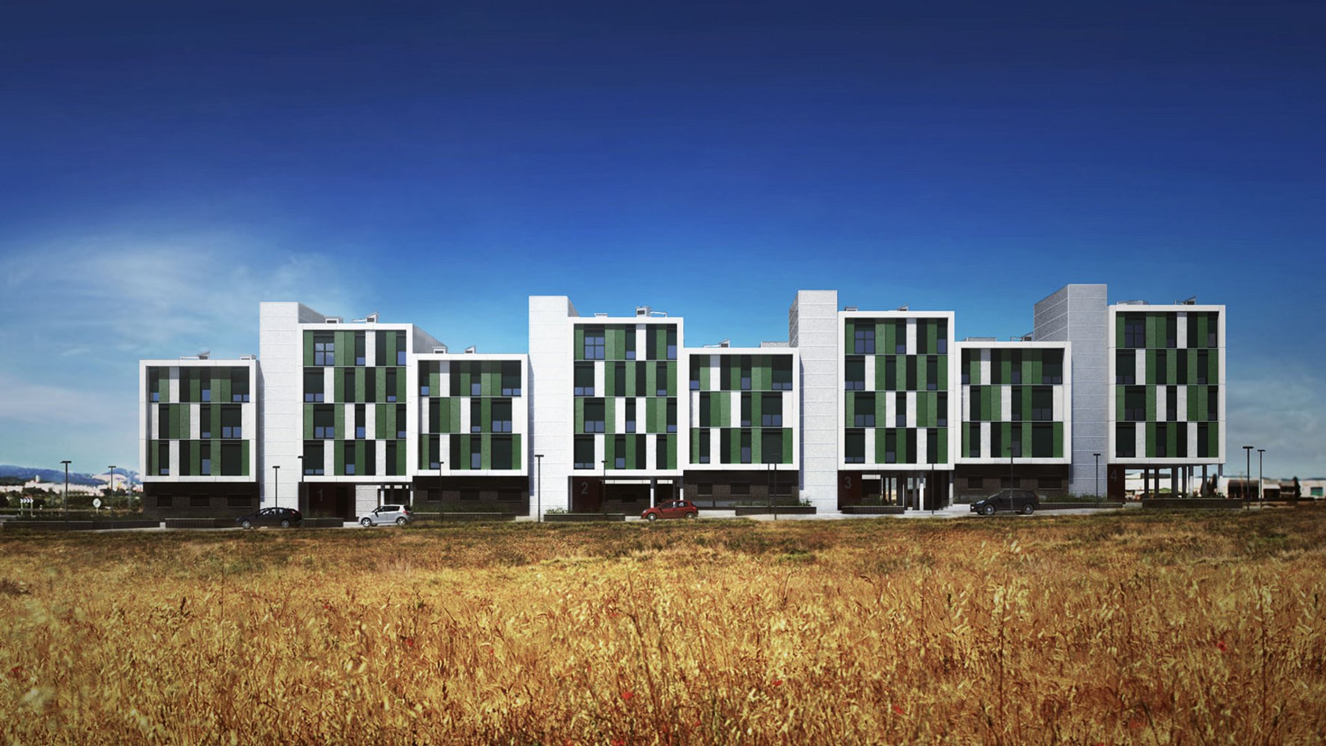 Architectural Visualization of a large social housing complex in Parla, Spain, with modern facade design and natural surroundings.