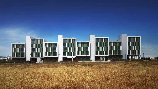 Architectural Visualization of a large social housing complex in Parla, Spain, with modern facade design and natural surroundings.