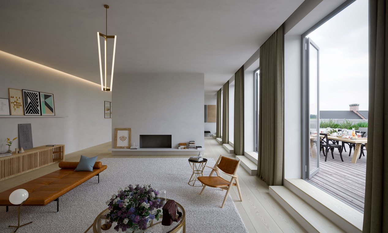 Αρχιτεκτονικός φωτορεαλισμός ενός κομψού καθιστικού ρετιρέ στο Βερολίνο, με απαλό τεχνητό φωτισμό που αναδεικνύει την ατμόσφαιρα του βραδιού.