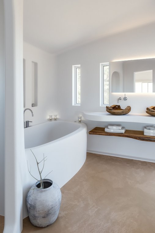 3D Visualization of a modern bathroom in natural tones with a freestanding bathtub, wooden sinks, and elegant details.