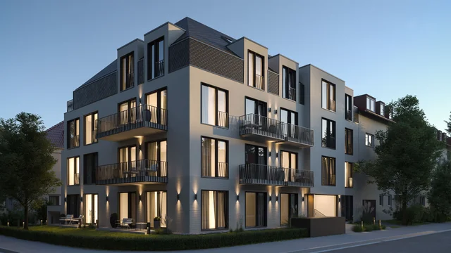 3D architectural visualization by gmsvision of a modern apartment building facade with clean lines, large windows, and elegant balconies.