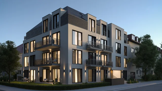 3D architekturvisualisierung von gmsvision einer modernen Mehrfamilienhaus-Fassade mit klaren Linien, großen Fenstern und eleganten Balkonen.