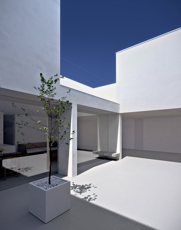3D Visualization of the White Cave House, serene courtyard with a single tree in a white planter, bright architecture with open passages.
