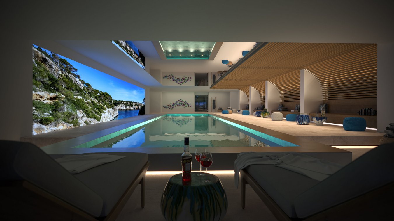 3d visualisierung des Blue Elements Indoor-Pools aus der Lounge-Perspektive mit Aperitif-Tisch, gemütlichen Liegen und Ausblick auf das Meer