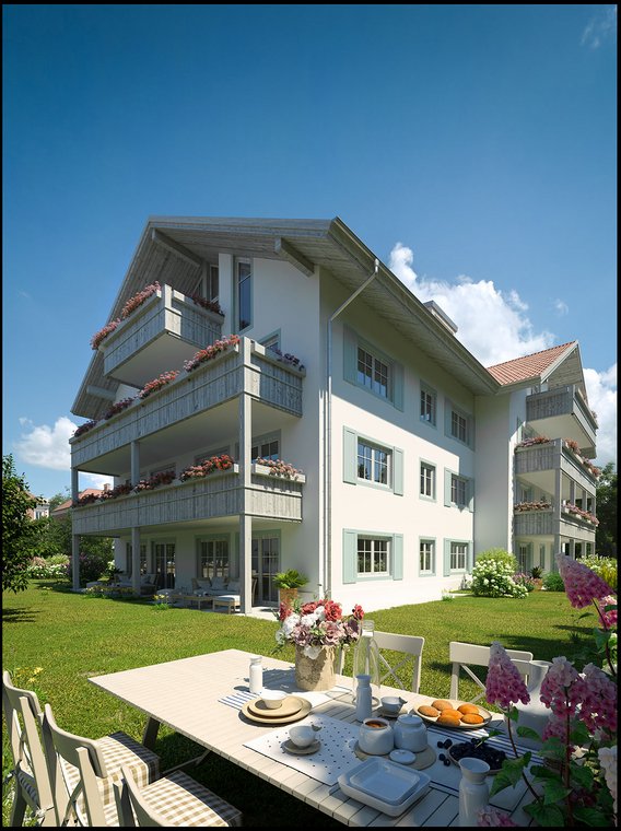 Architectural Visualization of a residential complex in Bad Tölz featuring cozy wooden balconies, colorful flower beds, and a garden scene with a breakfast table.