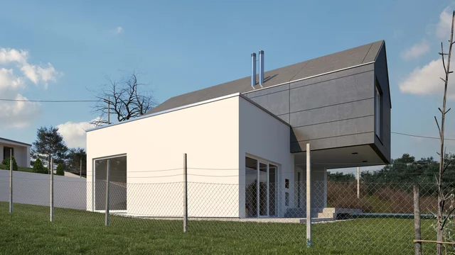 Architekturvisualisierung eines minimalistischen Privathauses in Kroatien bei Tageslicht, mit hellweißer Fassade, grüner Rasenfläche und einfachem Drahtzaun, erstellt von gmsvision.