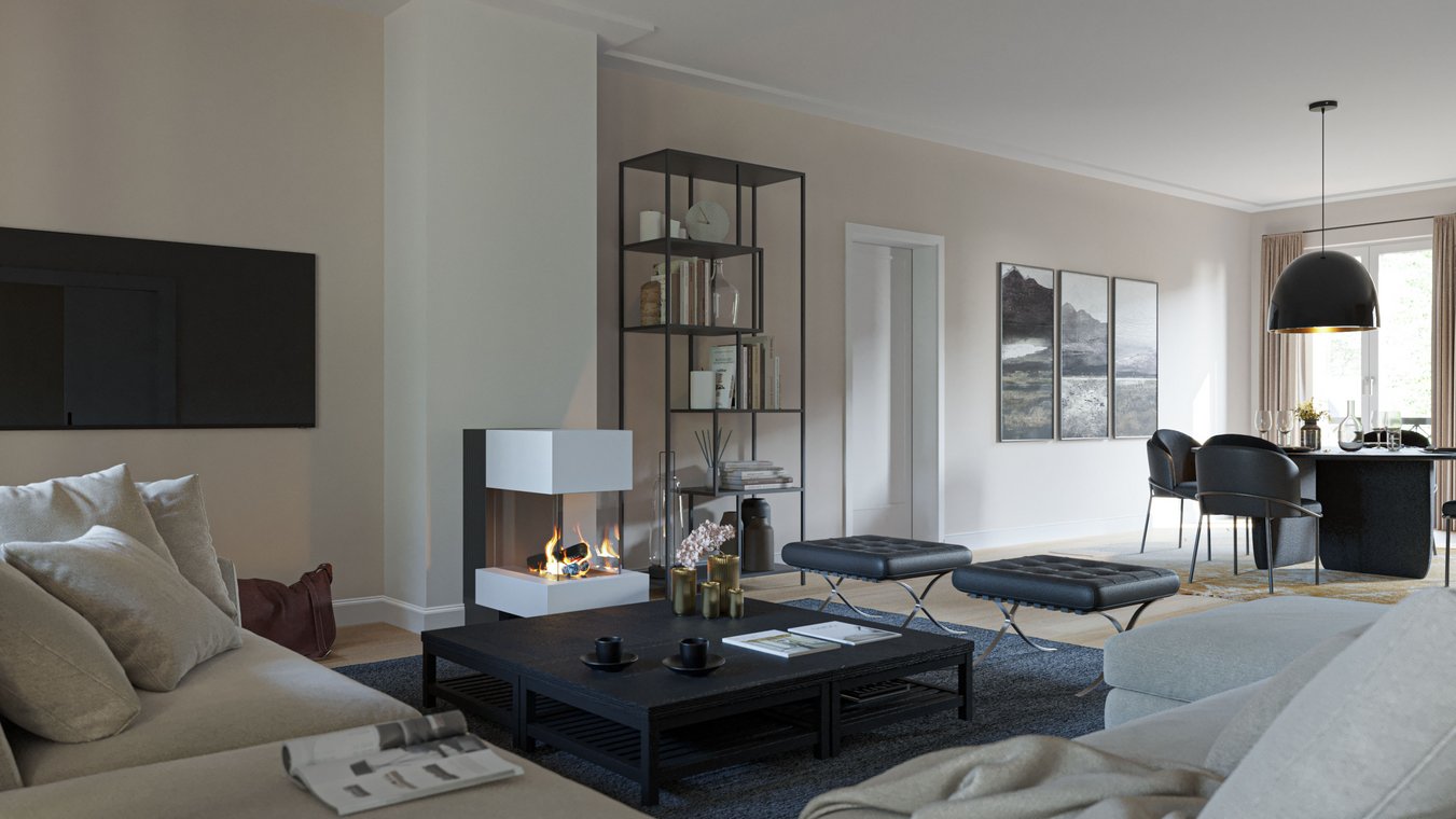 Innenraumvisualisierung mit modernem Wohnzimmer in Hamburg, gemütlichem Kamin, Designmöbeln und Blick auf den offenen Essbereich.