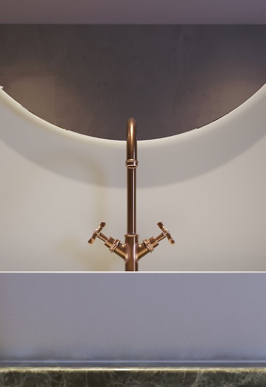 Produktvisualisierung eines eleganten bronzefarbenen Wasserhahns über einem modernen weißen Waschbecken mit hinterleuchtetem Spiegel.