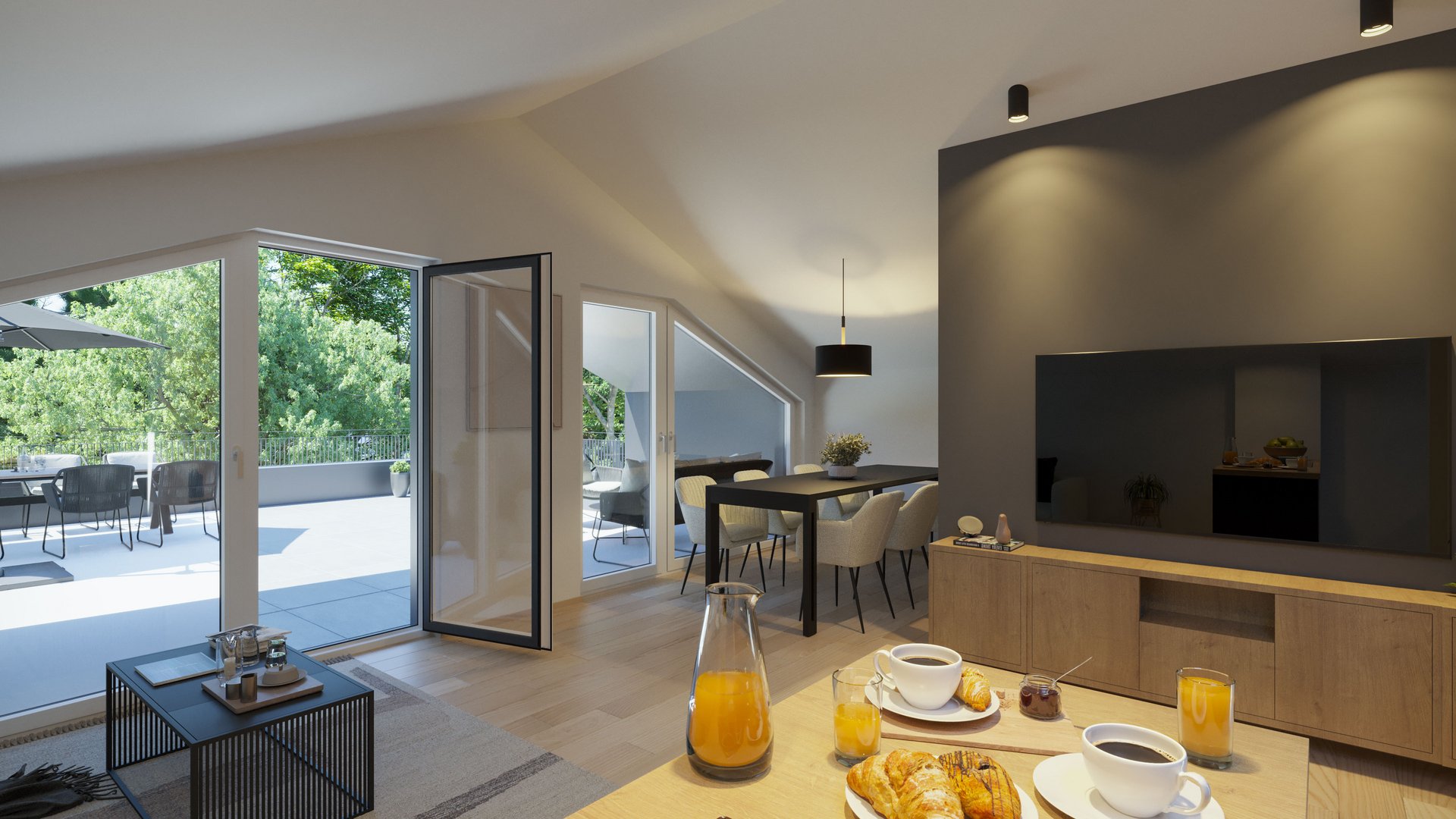 3D Architekturvisualisierung eines modernen Wohnzimmers mit Esstisch, Fernseherwand und Zugang zu einer großen Terrasse, erstellt von gmsvision.