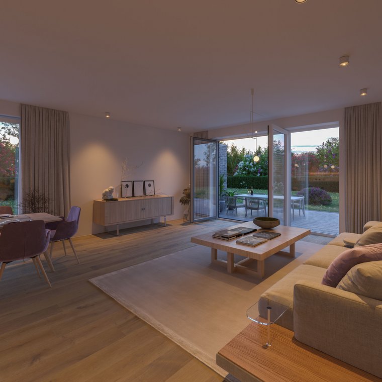 Wohnzimmer mit moderner Einrichtung, offener Blick zur Terrasse und Garten.