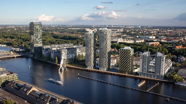 Skyline-Blick über die Spree mit Hochhaustürmen und der Molecule Man Skulptur, beeindruckende 3d visualisierung von gmsvision