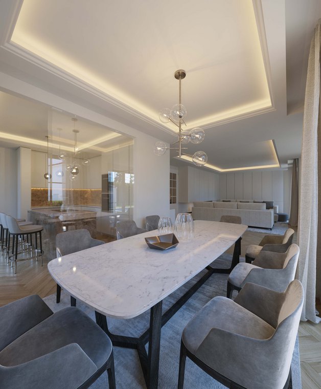 3D απεικόνιση ενός κομψού τραπεζαρίας με μαρμάρινο τραπέζι, σχεδιαστικές καρέκλες και μοντέρνο φωτισμό.