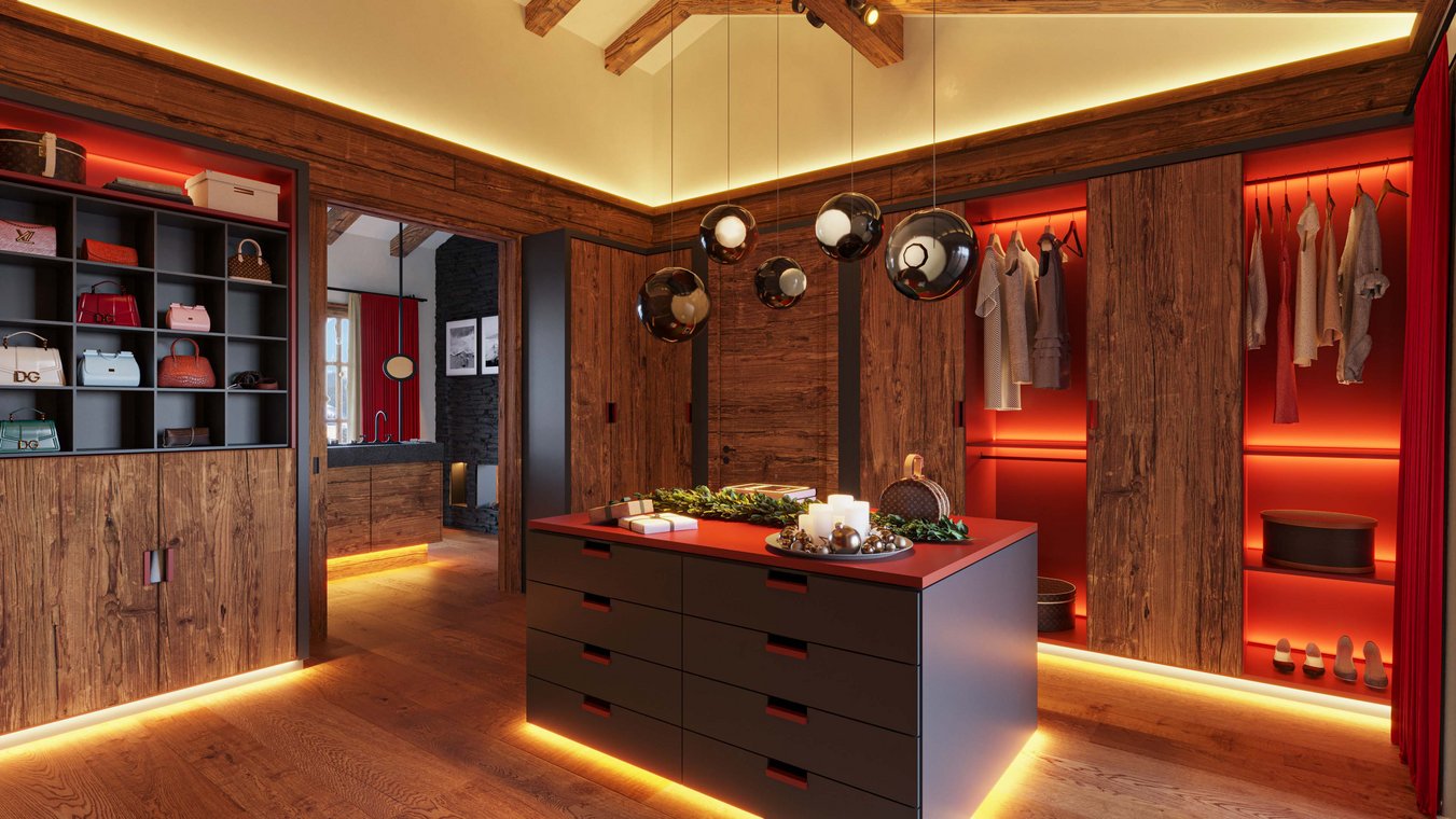 3d visualisierung eines luxuriösen Ankleidezimmers mit Designertaschen, hölzernen Schränken und roten Akzenten.