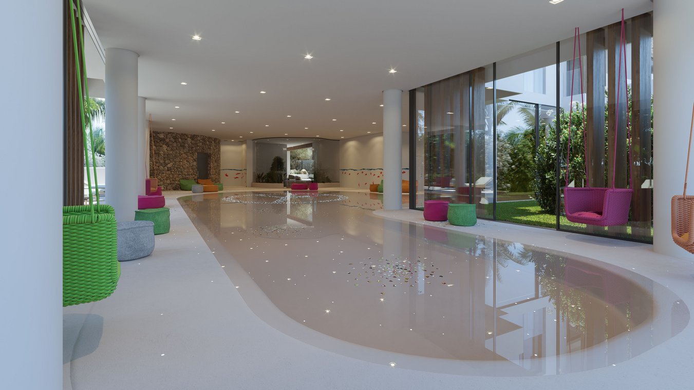 Indoor pool with colorful hanging chairs and modern lounge areas, stylish 3D Visualization by gmsvision