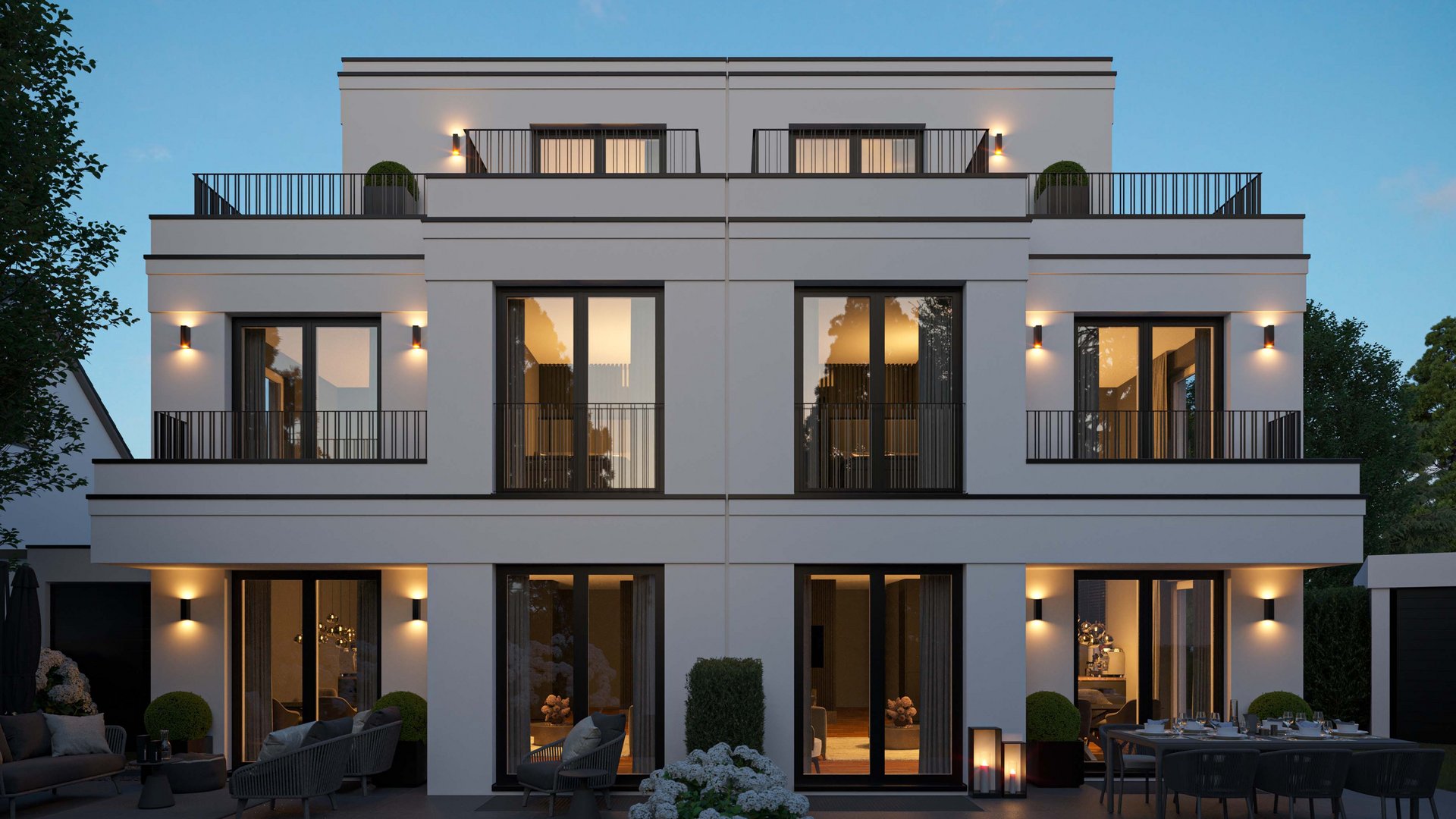 Architekturvisualisierung moderner Neubau am Gerlachweg in München bei Abendbeleuchtung