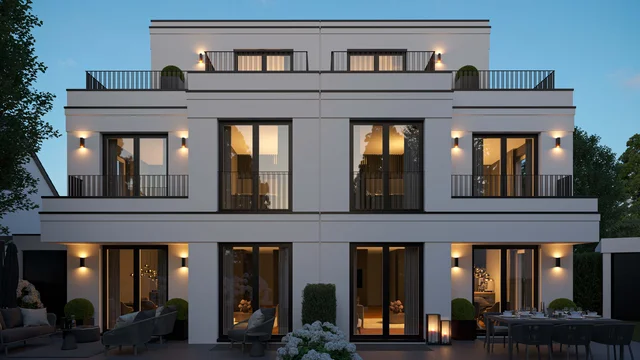 Architectural visualization of a modern residential building on Gerlachweg in Munich at dusk lighting