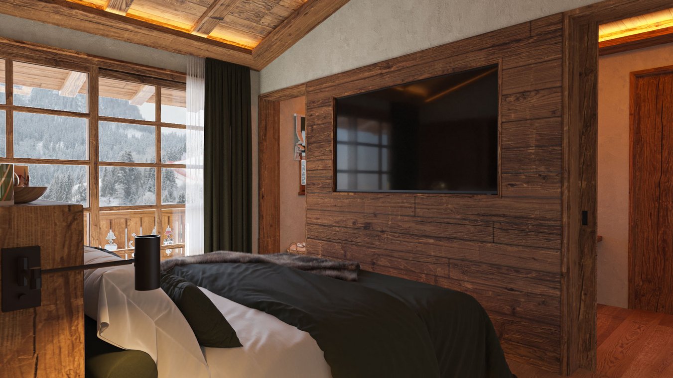 3d visualisierung eines stilvollen Schlafzimmers mit großem Fernseher, rustikalen Holzelementen und Panoramablick auf die verschneiten Alpen, erstellt von gmsvision.