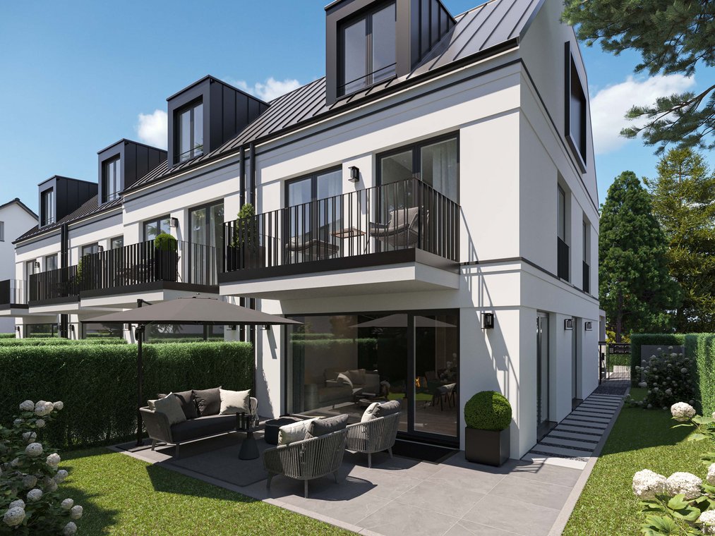 Moderne Reihenhäuser mit Balkonen, Garten und Outdoor-Sitzbereich, fotorealistische 3d visualisierung von gmsvision