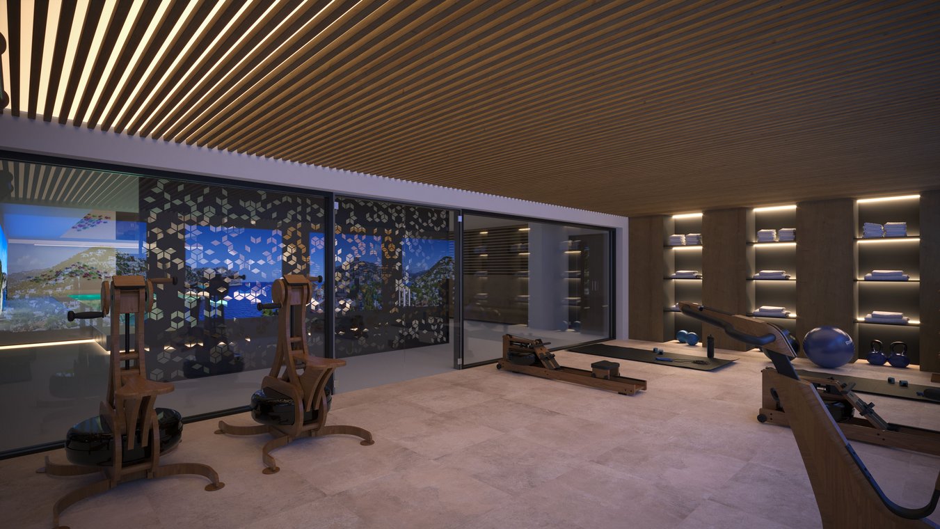 3d visualisierung eines eleganten Fitnessstudios im Projekt Blue Elements mit modernen Holzdecken, dekorativen Glaselementen und Trainingsgeräten in warm beleuchtetem Ambiente