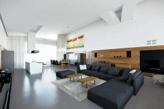 Architectural visualization of a luxury villa in Munich showcasing an open living area with a large gray sofa, wooden design elements, and a modern open kitchen in minimalist style.