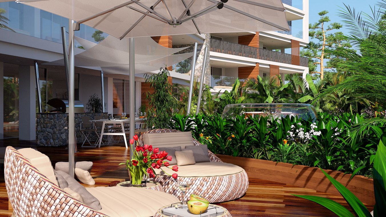 3D-Rendering exklusives Schlafzimmer in Portals Nous Mallorca mit Panoramafenstern und direktem Meerblick.