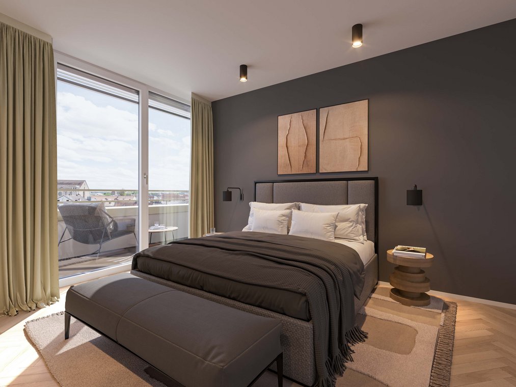 Απεικόνιση εσωτερικού Leonsheart Άουγκσμπουργκ – σύγχρονη κρεβατοκάμαρα με πρόσβαση στο μπαλκόνι, κομψό κρεβάτι και διακόσμηση τοίχου